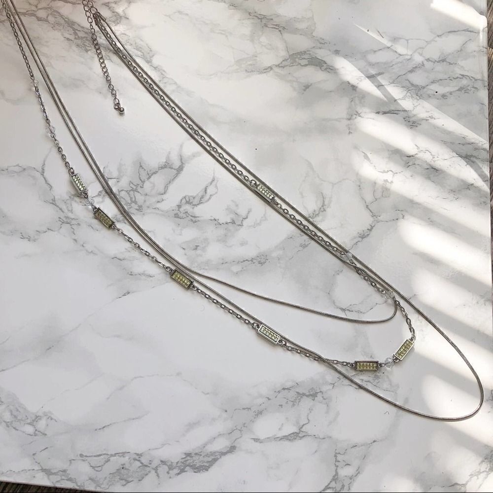 2/$30 Silver Crystal Layered Strand Necklace w matching dangle drop earring Set